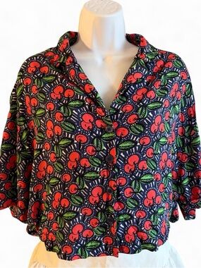 Zara Navy Button-Front Cherry Print Top